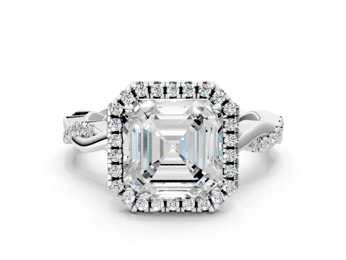Asscher Cut Cut Halo Twisted Band Four-Prong Ring Platinum