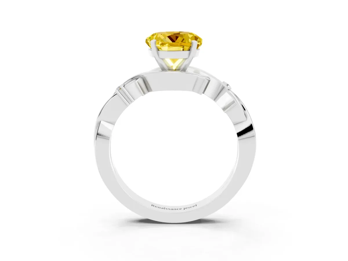 Round Cut Yellow Sapphire Solitaire Ring with Twisted Band and Prong Setting Silver