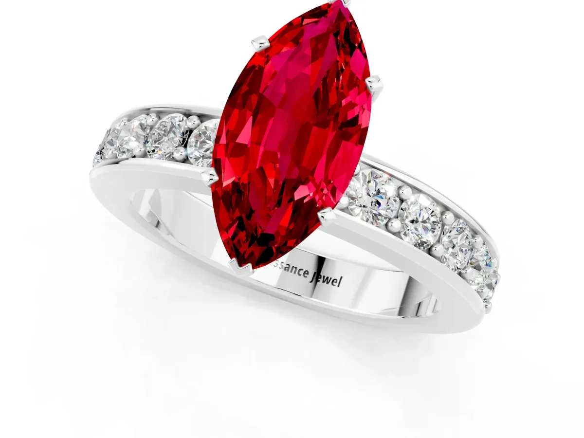 Marquise Cut Ruby Engagement Ring with Channel Set Round Band and Prong Setting White gold