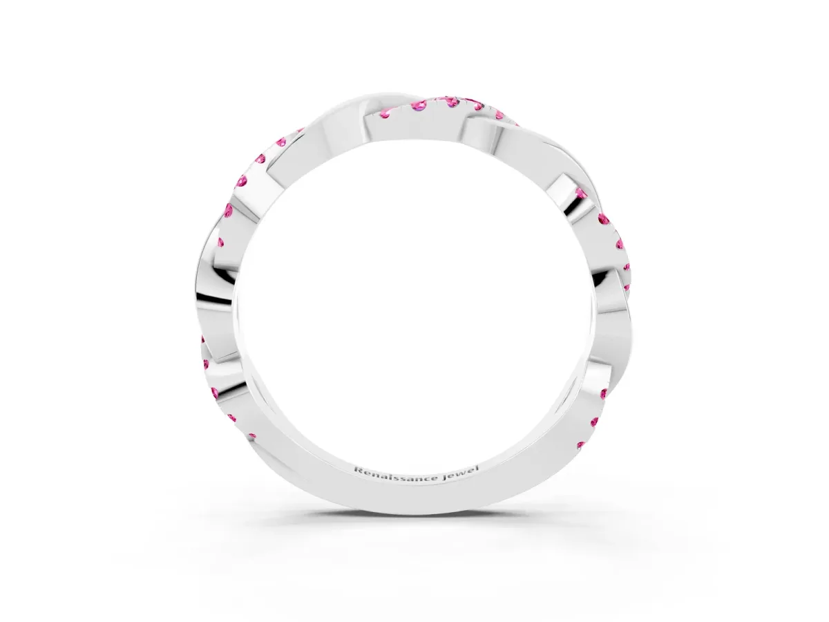 Round Pink Sapphire Twist Eternity Band with Pavé Setting Silver