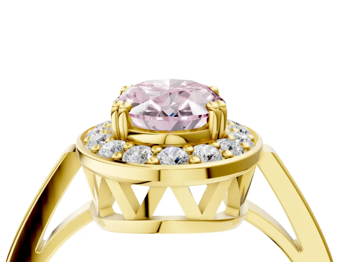 Fancy Pink Oval Cut Diamond Halo Ring with Split Shank and Four-Prong Setting Yellow gold