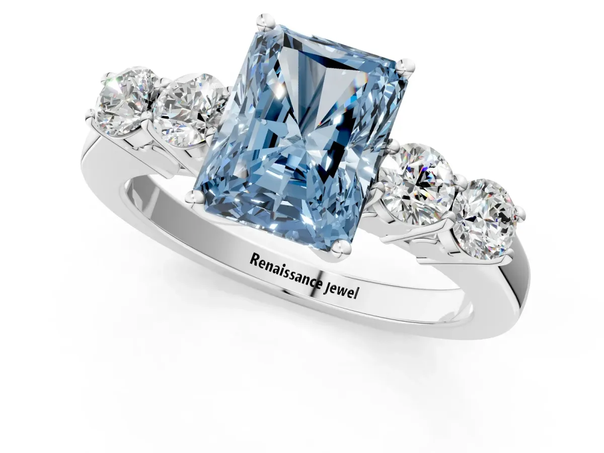 Fancy Blue Radiant Cut Cut Diamond Five-Stone Prong Set White Gold Ring Platinum