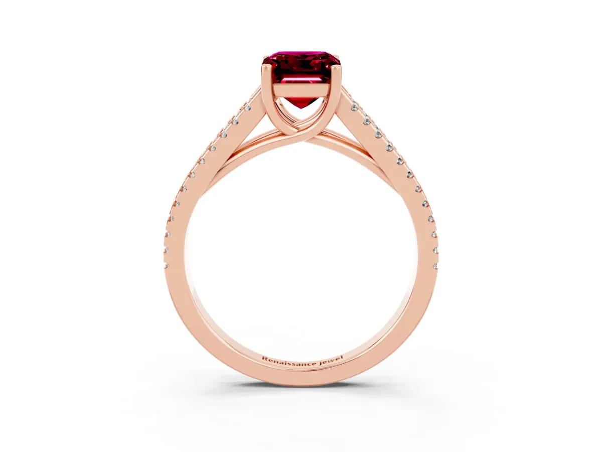 Emerald Cut Garnet Solitaire Engagement Ring with Split Shank Pavé Band Rose gold