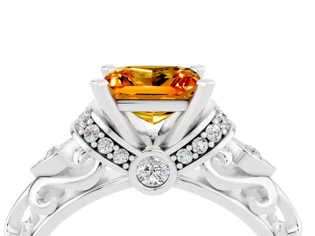 Princess Cut Citrine Solitaire Ring with Filigree Band and Four-Prong Setting Silver