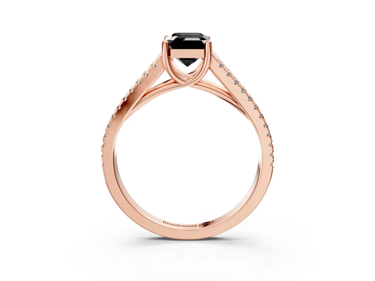 Fancy Black Emerald Cut Diamond Solitaire Engagement Ring with Split Shank Pavé Band Rose gold