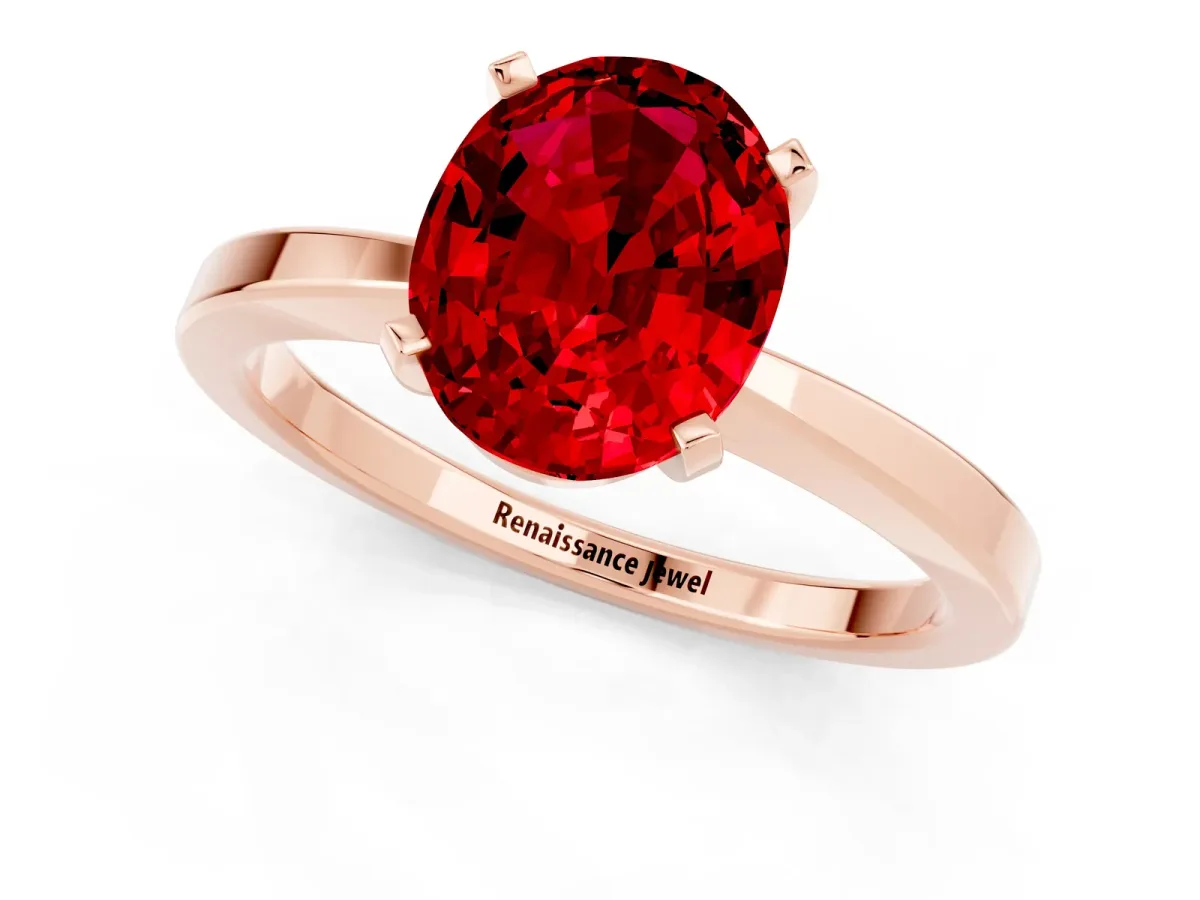 Oval Cut Ruby Solitaire Engagement Ring with Classic Band and Four-Prong Setting Rose gold