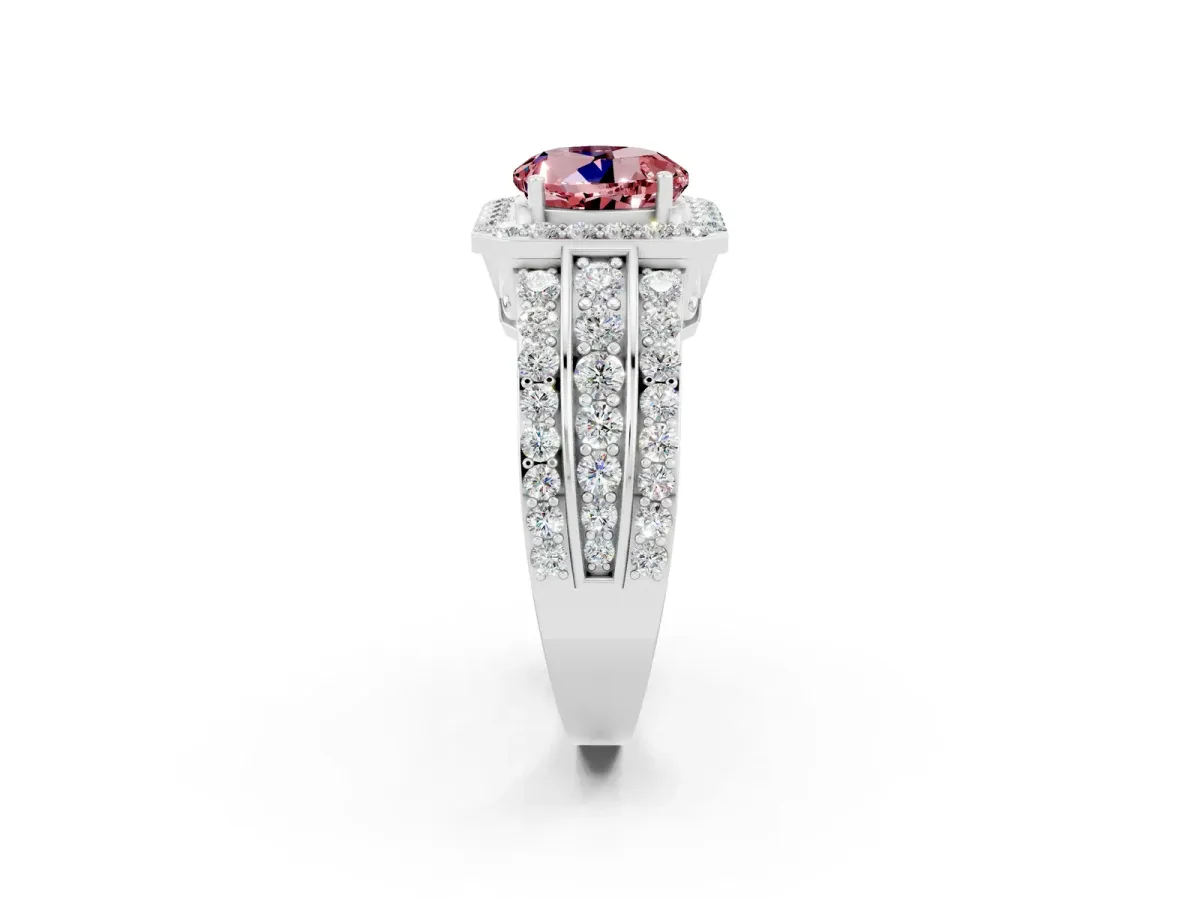 Round Cut Halo Morganite Ring with Round Split Shank and Prong Setting Platinum