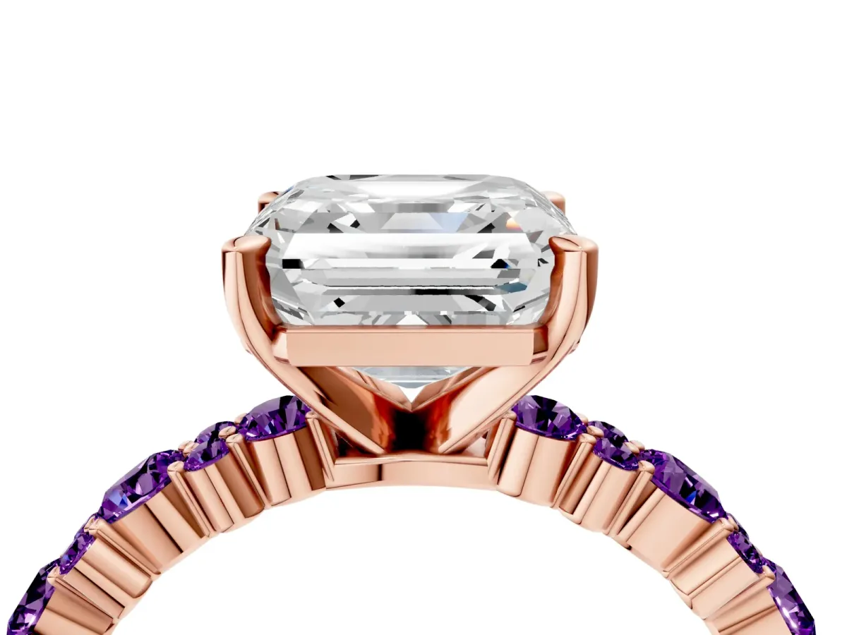 Asscher Cut Diamond Side Stone Solitaire Ring with Round Amethyst and Four-Prong Setting Rose gold