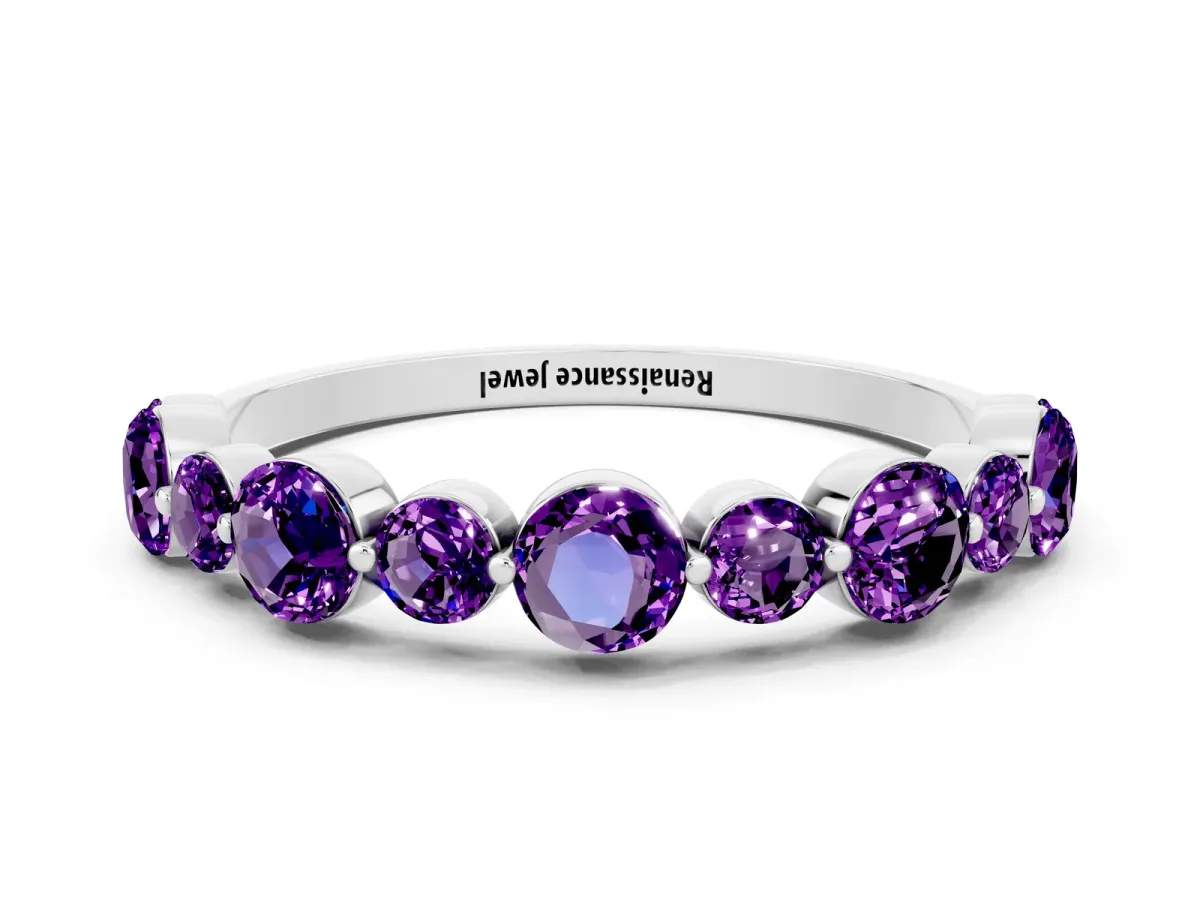 Round Amethyst Scalloped Prong Set Eternity Band Silver