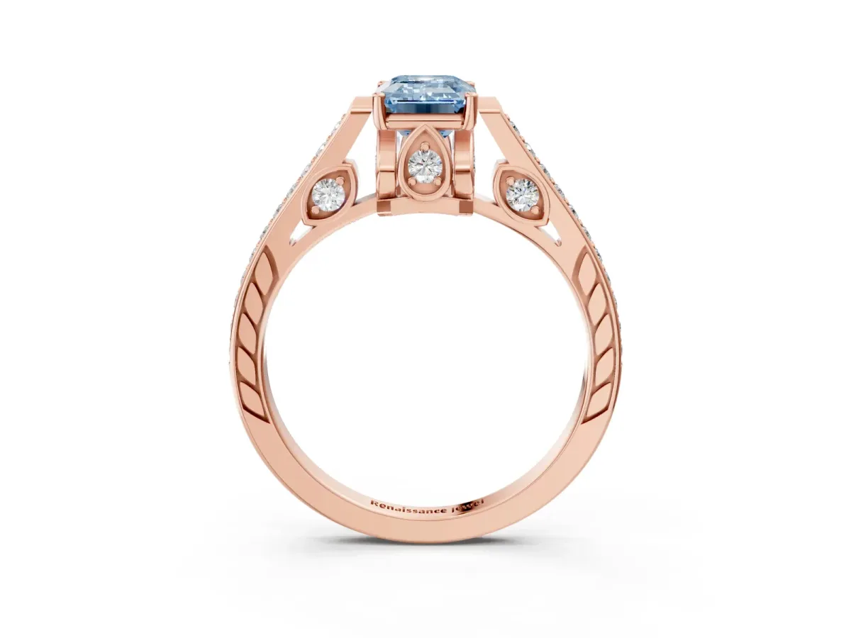 Fancy Blue Emerald Cut Cut Cathedral Pave Diamond Engagement Ring with Six-Prong Setting Rose gold