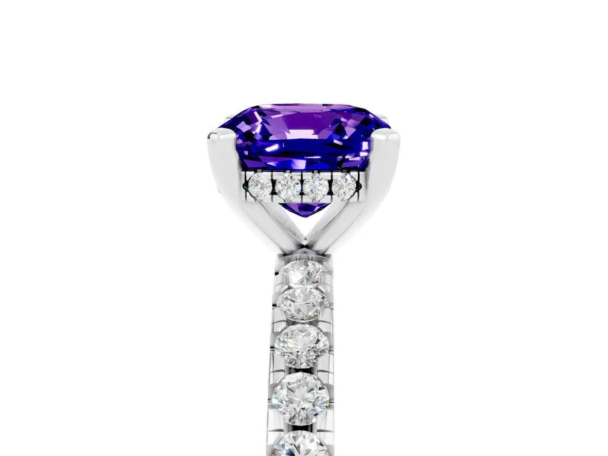 Cushion Cut Tanzanite Solitaire Ring with Round Pavé Band and Four-Prong Setting Silver