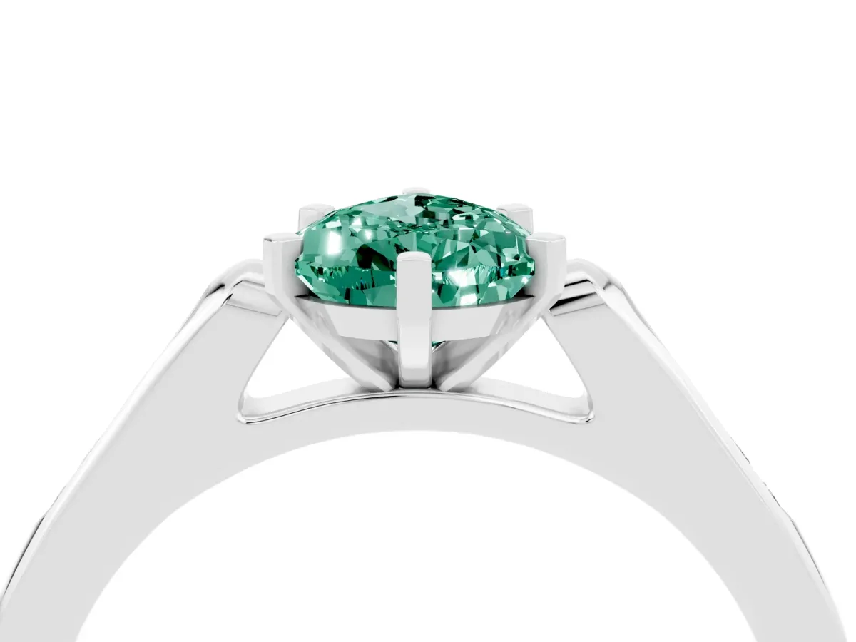 Pear Cut Green Sapphire Solitaire Ring with Channel Set Round Band and Prong Setting Silver