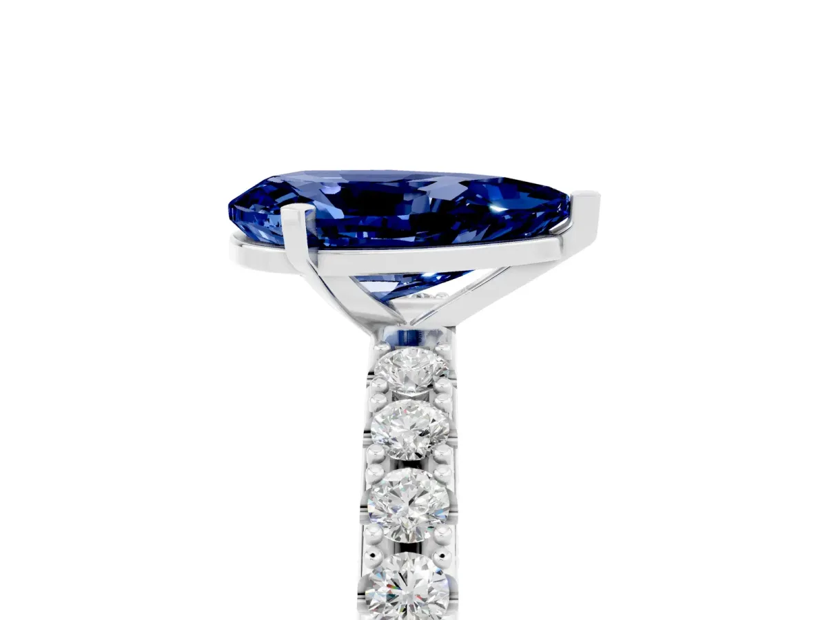 Pear Cut Blue Sapphire Solitaire Pavé Band with Four-Prong Setting Platinum