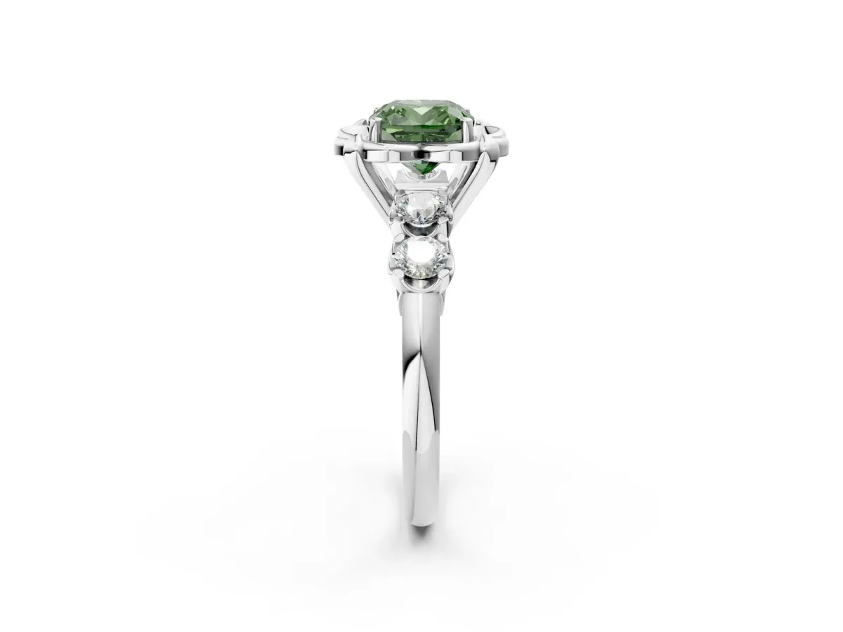 Fancy Green Cushion Cut Cut Diamond Floral Halo Engagement Ring with Shared Prong Setting Silver
