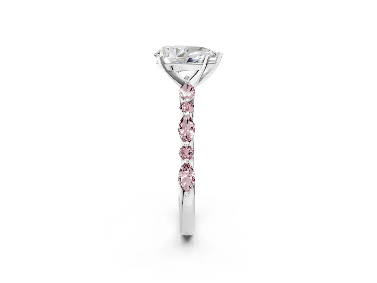 Pear Cut Diamond Ring with Marquise and Round Morganite Side Stones and Four-Prong Setting Silver