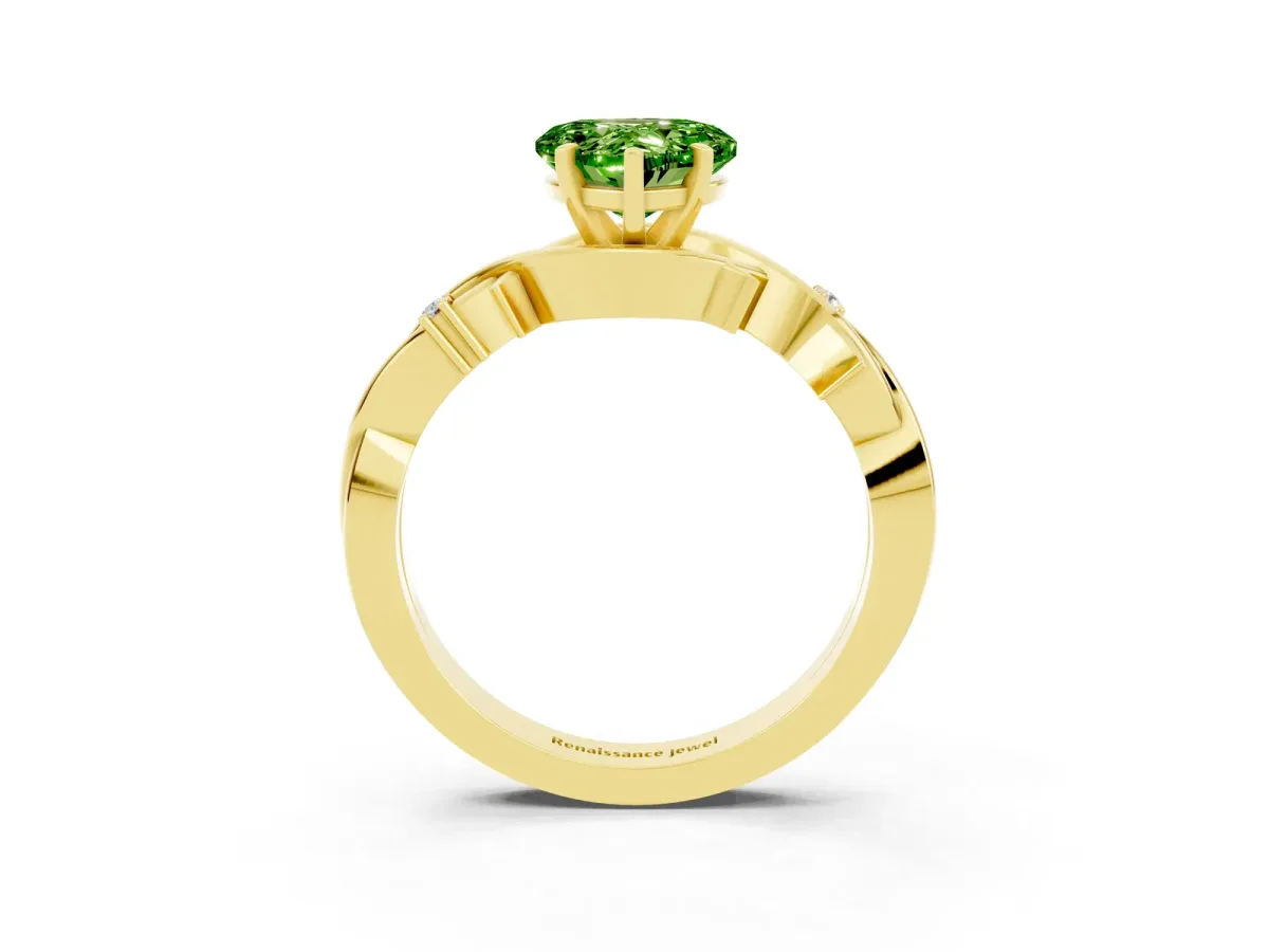 Heart Cut Peridot Solitaire Ring with Twisted Band and Prong Setting Yellow gold