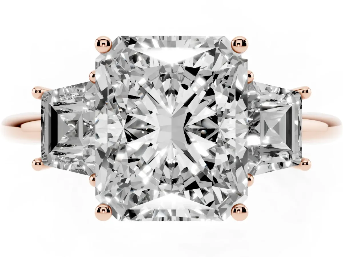 Radiant Cut Diamond Three-Stone Ring with Trapezoid Side Stones and Prong Setting Rose gold