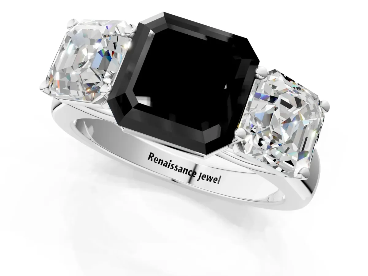 Fancy Black Asscher Cut Three-Stone Diamond Ring with Prong Setting on a Classic Band Platinum