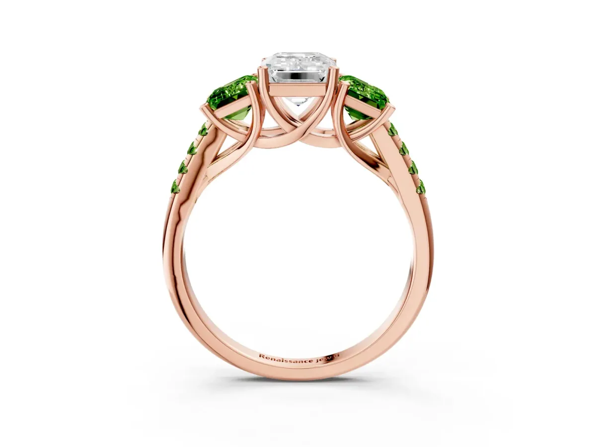 Three-Stone Emerald Cut Diamond Ring with Round Peridot Pavé Band and Prong Setting Rose gold