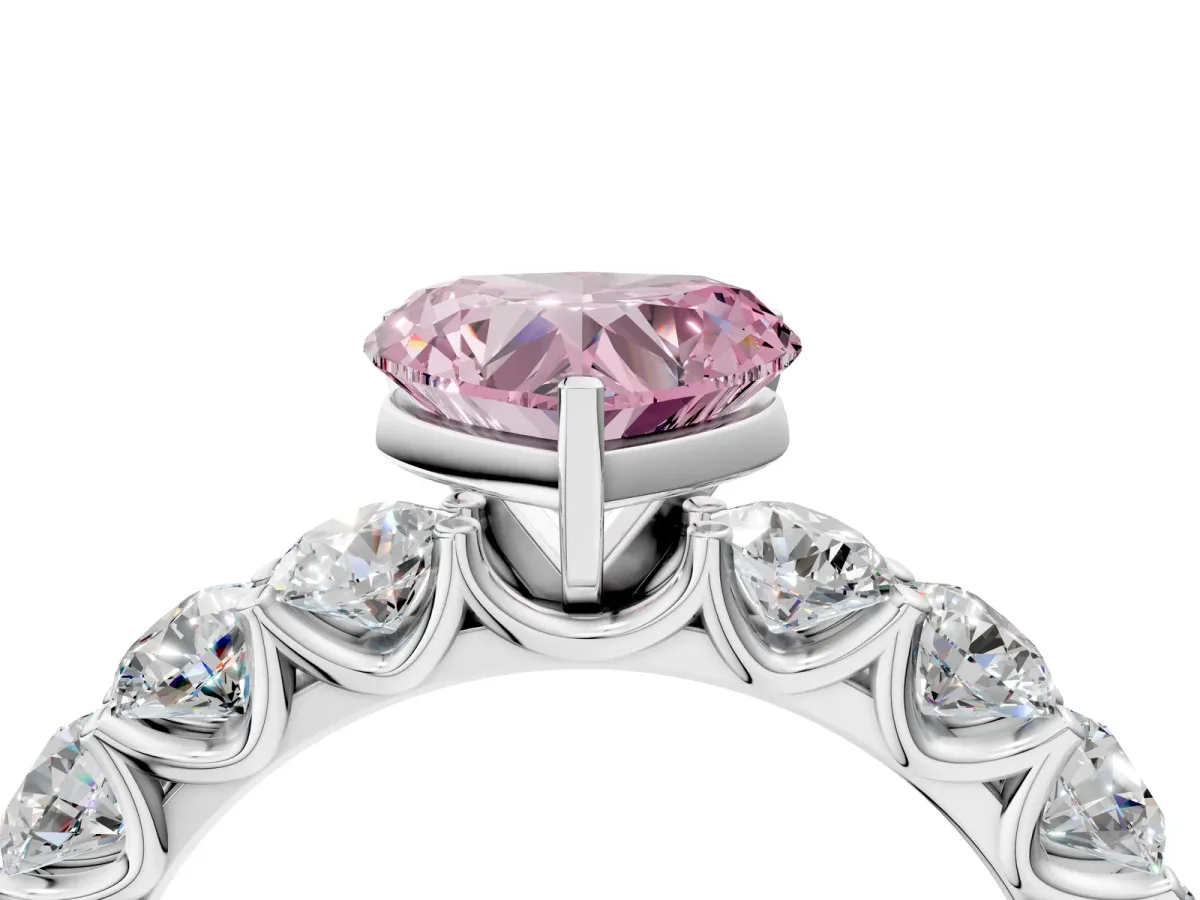 Fancy Pink Heart Cut Diamond Prong Setting with Side Stones on a Pave Band Silver