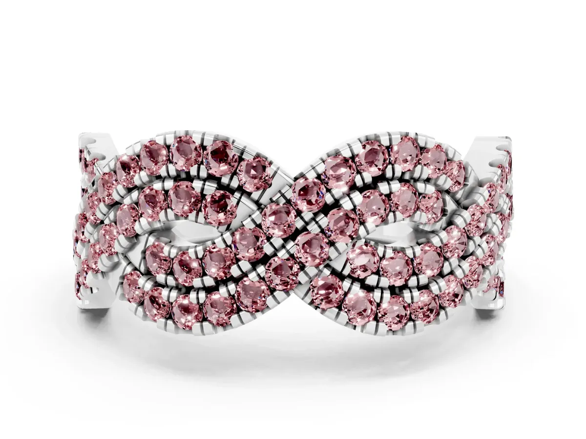 Pavé Round Morganite Infinity Twist Band with Shared Prong Setting Platinum