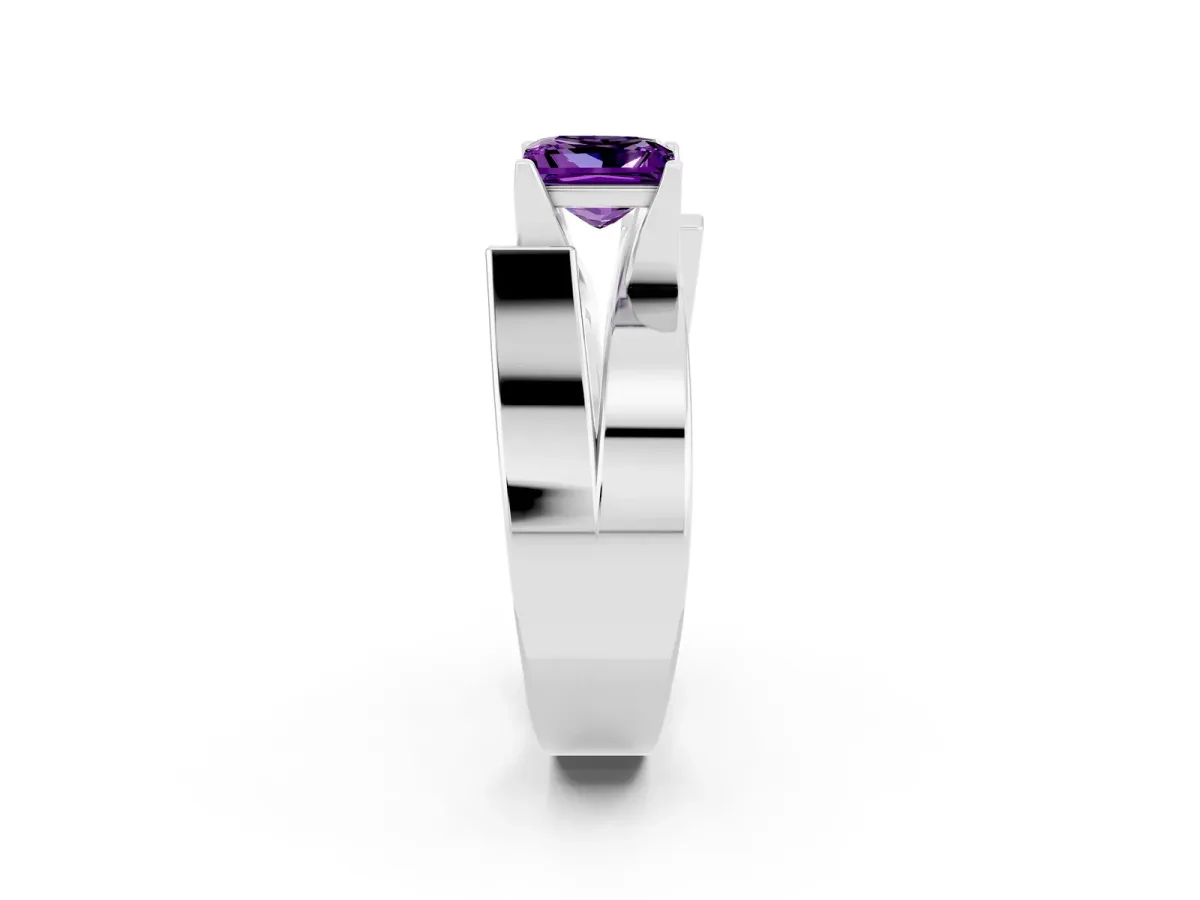 Modern Tension Set Princess Cut Amethyst Solitaire Wide Band Ring Silver