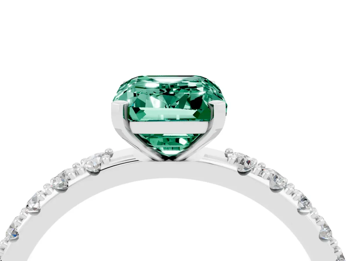 Emerald Cut Green Sapphire Solitaire Pavé Band with Four-Prong Setting Silver