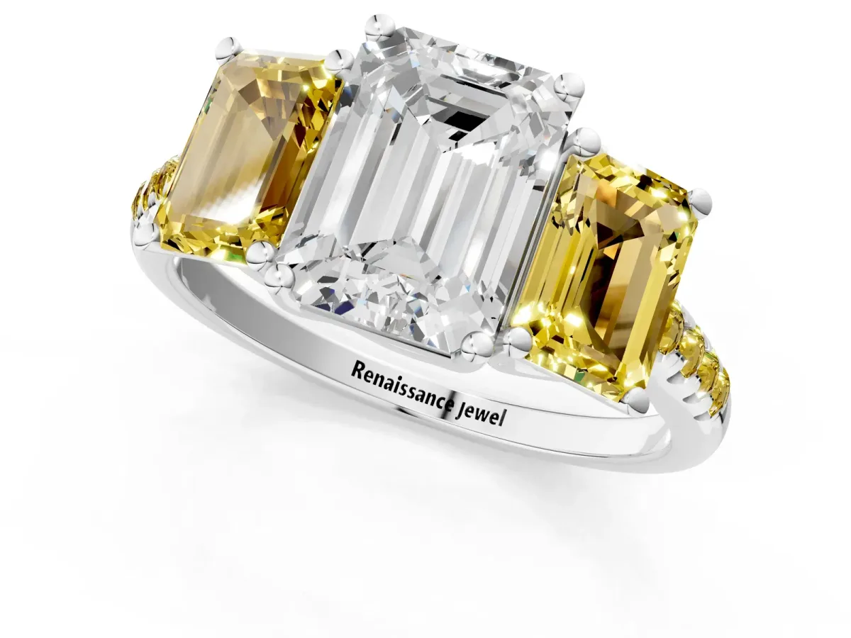 Three-Stone Emerald Cut Diamond Ring with Round Yellow Sapphire Pavé Band and Prong Setting Silver