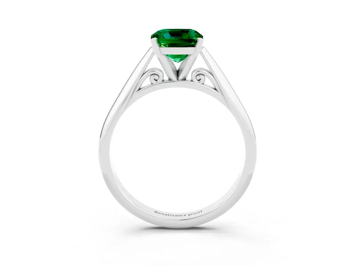 Cushion Cut Emerald Solitaire Engagement Ring with Cathedral Setting and Four-Prong Mount White gold