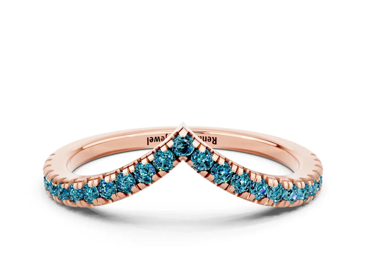 Pavé Round Blue Topaz V-Shaped Chevron Band with Shared Prong Setting Rose gold