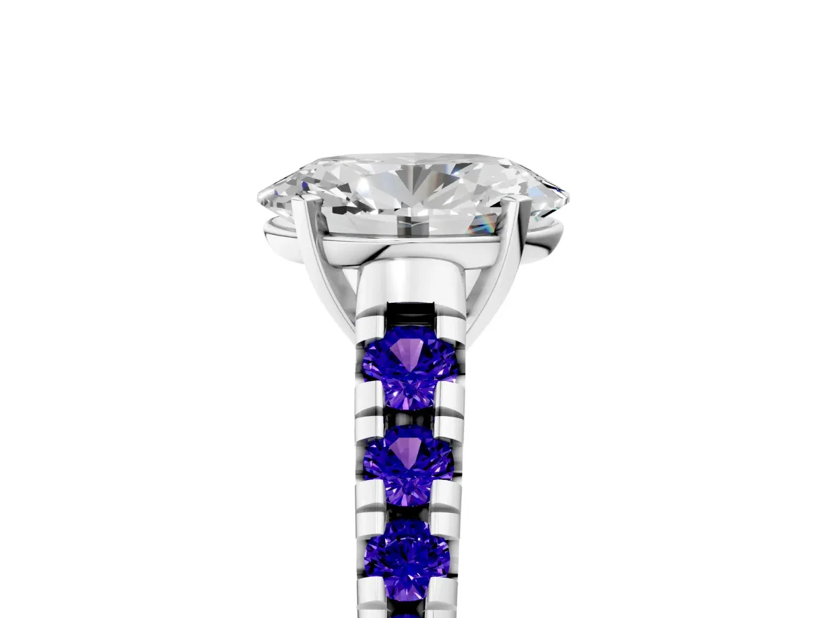 Oval Cut Diamond Cathedral Solitaire Ring with Round Tanzanite Pavé Band Silver