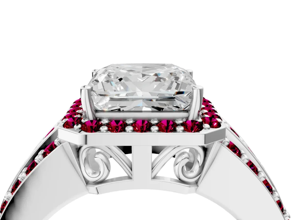 Princess Cut Halo Diamond Ring with Round Garnet Split Shank and Prong Setting Silver