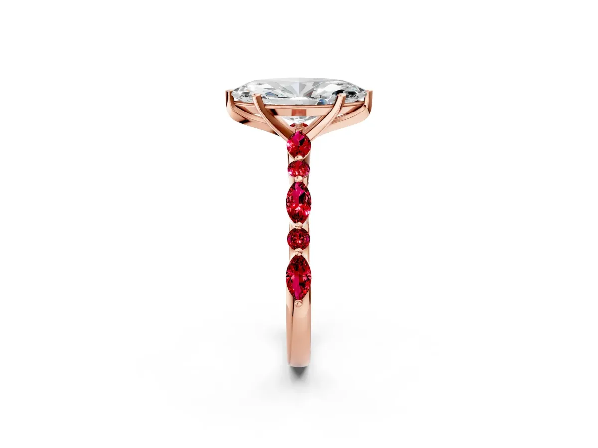 Marquise Cut Diamond Ring with Marquise and Round Ruby Side Stones and Four-Prong Setting Rose gold