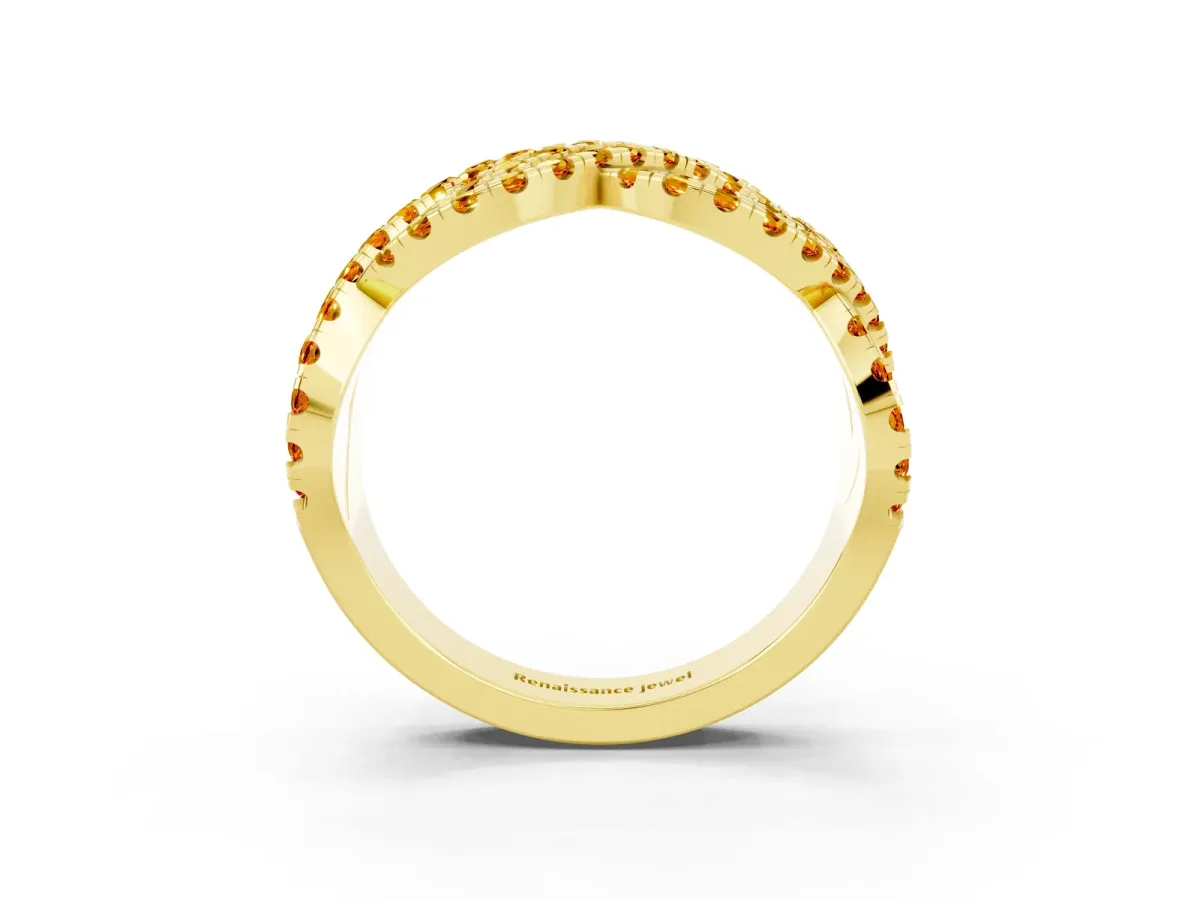 Pavé Round Citrine Infinity Twist Band with Shared Prong Setting Yellow gold