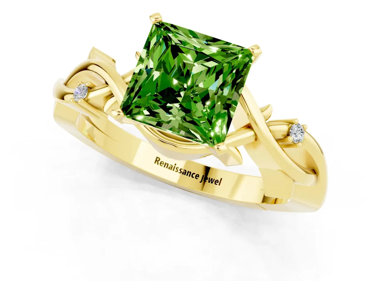 Princess Cut Peridot Solitaire Ring with Twisted Band and Prong Setting Yellow gold