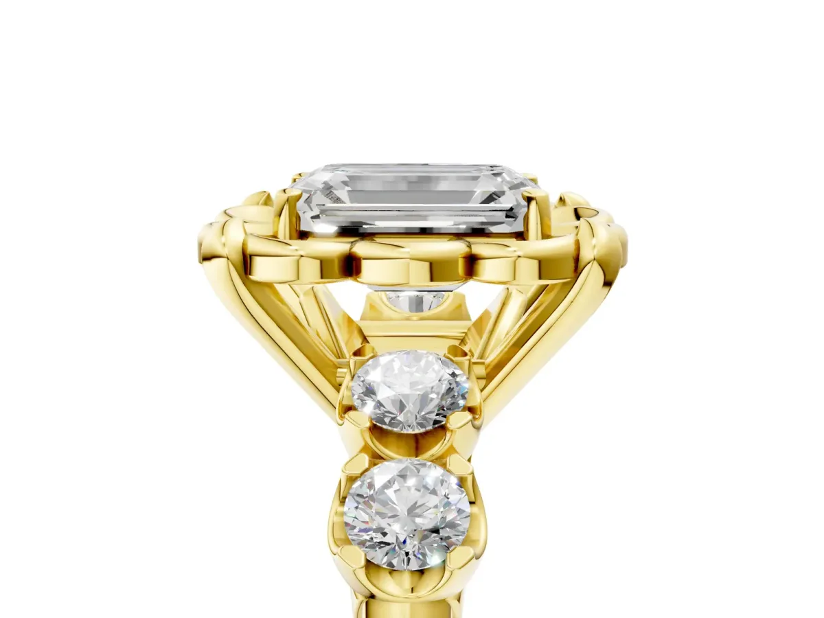 Emerald Cut Cut Diamond Floral Halo Engagement Ring with Shared Prong Setting Yellow gold