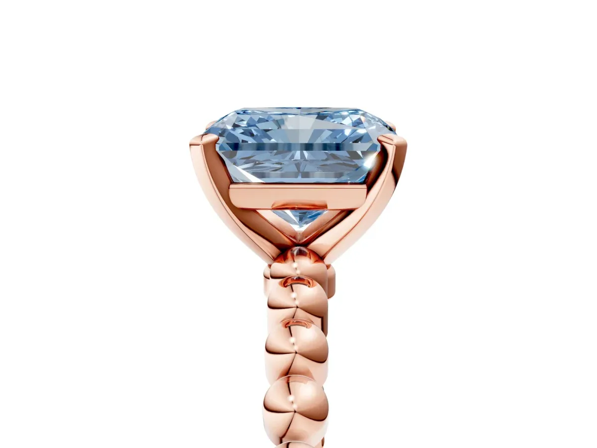 Fancy Blue Radiant Cut Diamond Solitaire Ring with Beaded Band and Prong Setting Rose gold