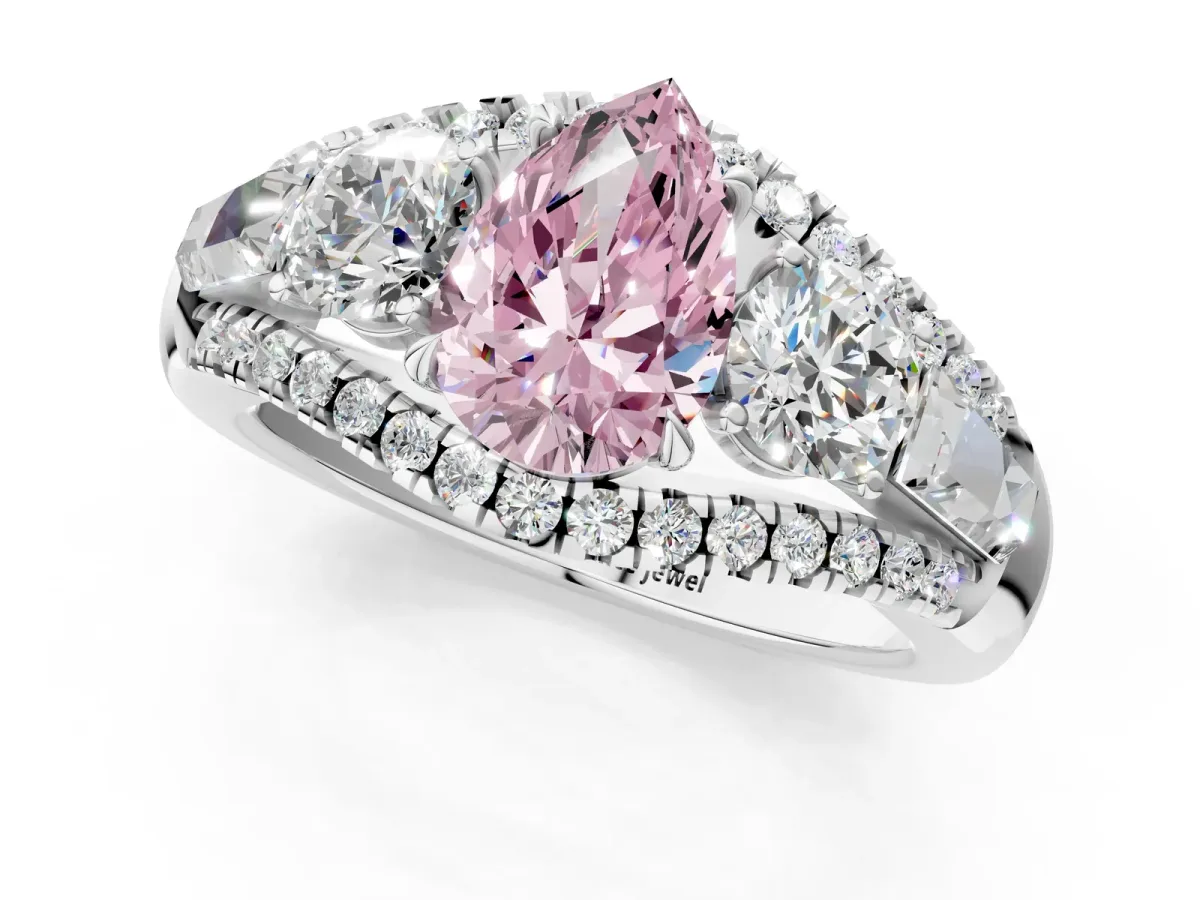 Fancy Pink Three-Stone Pear Cut Diamond Engagement Ring with Pave Band and Prong Setting Platinum