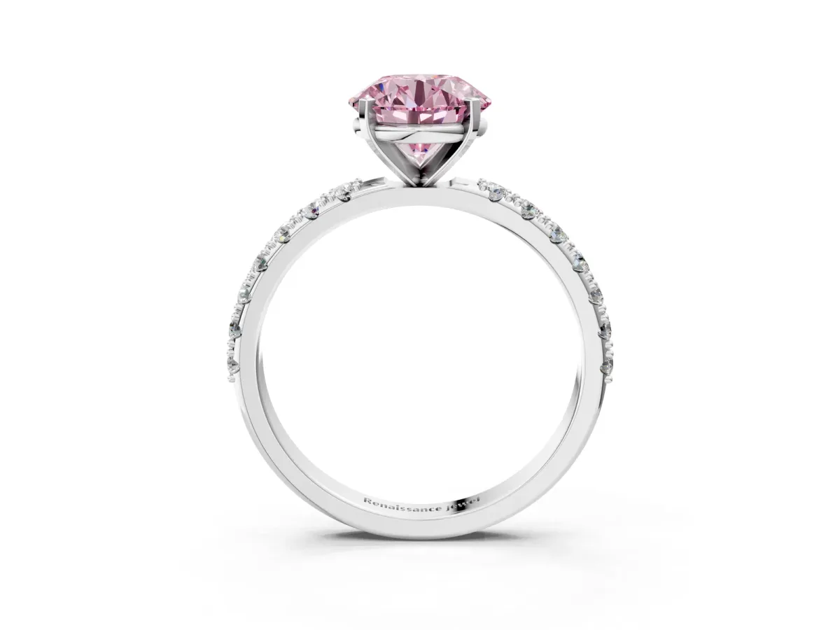 Fancy Pink Round Cut Diamond Solitaire Pavé Band with Four-Prong Setting Silver