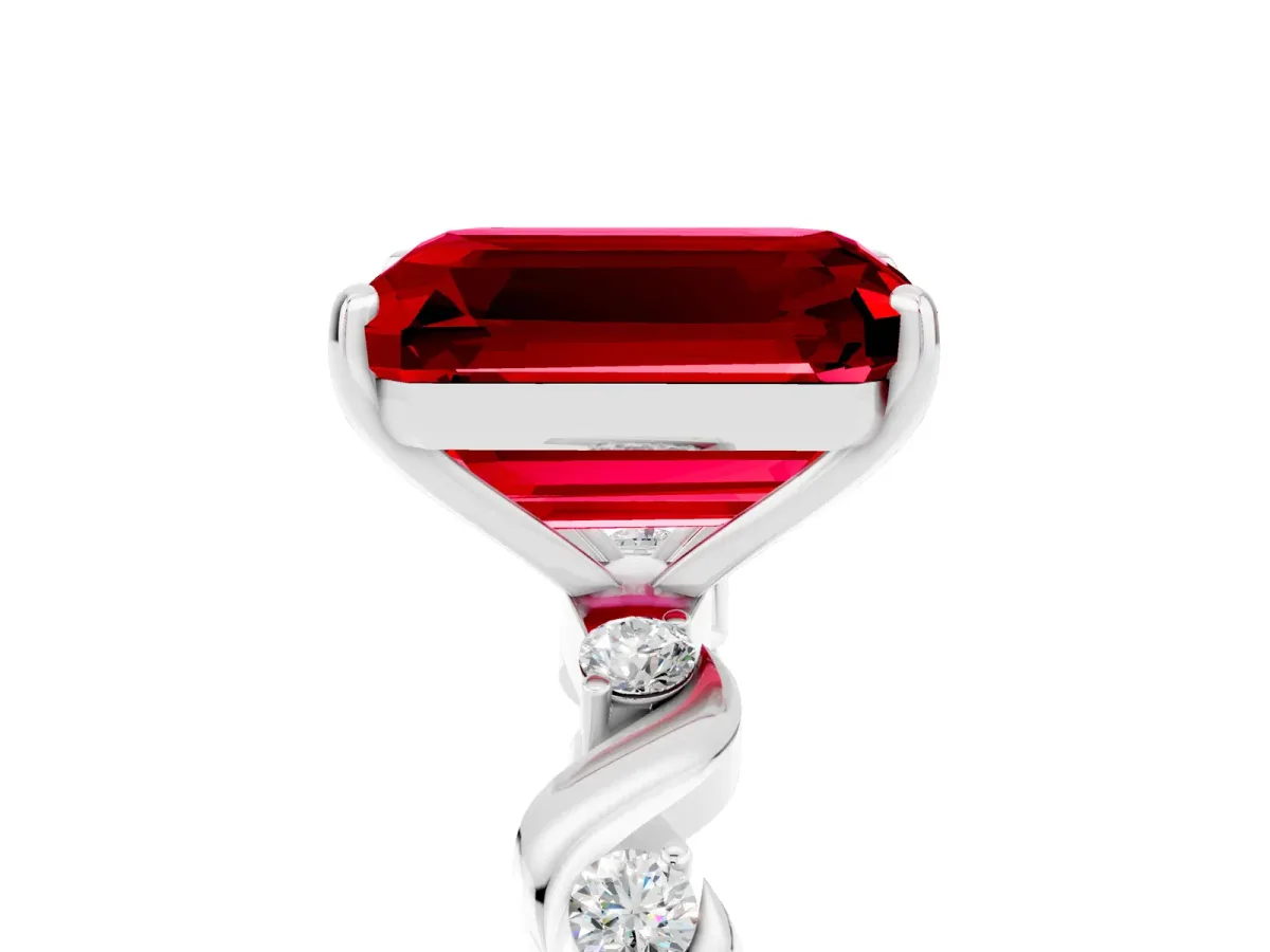Emerald Cut Ruby Solitaire Twisted Band with Round Accents and Prong Setting White gold