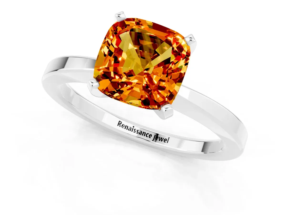 Cushion Cut Citrine Solitaire Engagement Ring with Classic Band and Four-Prong Setting Silver