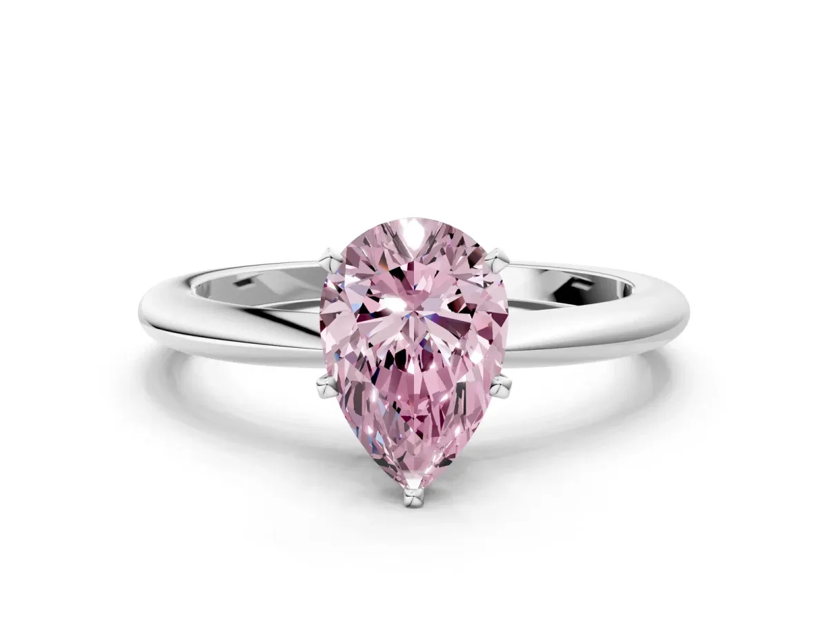 Fancy Pink Pear Cut Diamond Solitaire Ring with Six-Prong Setting and Classic Band Silver