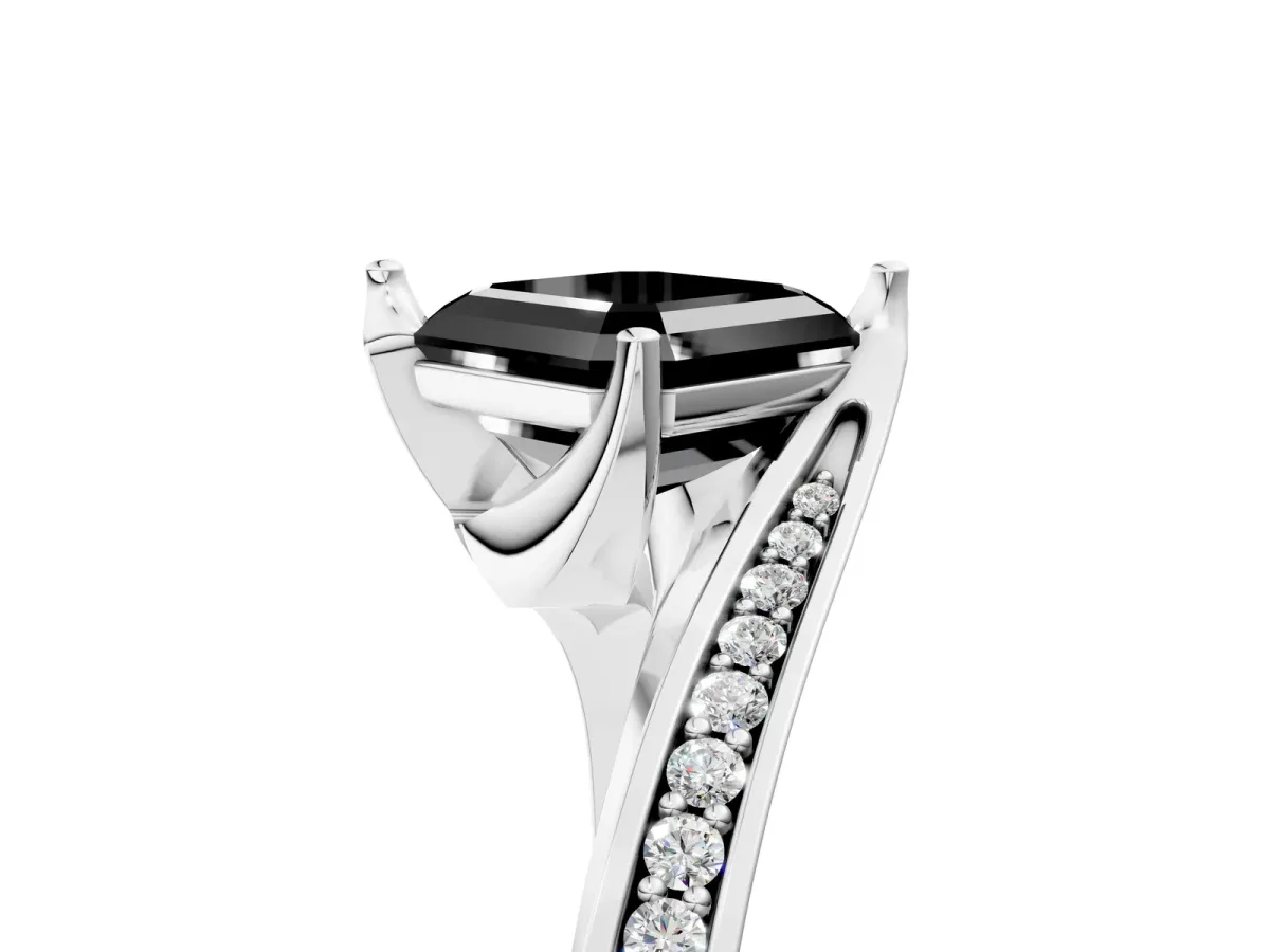 Fancy Black Asscher Cut Solitaire Diamond Twist Band with Pavé Setting and Four-Prong Setting Platinum