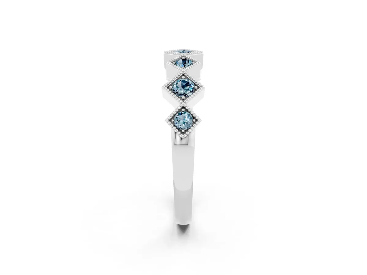 Milgrain Square Bezel Round Aquamarine Chevron Band Silver