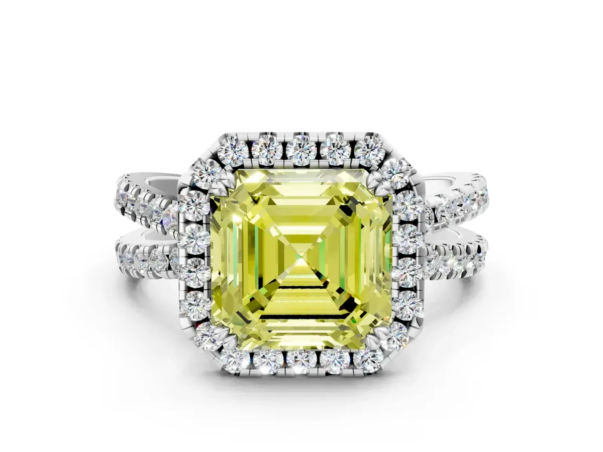 Fancy Yellow Asscher Cut Halo Split Shank Diamond Ring with Pavé Setting Platinum
