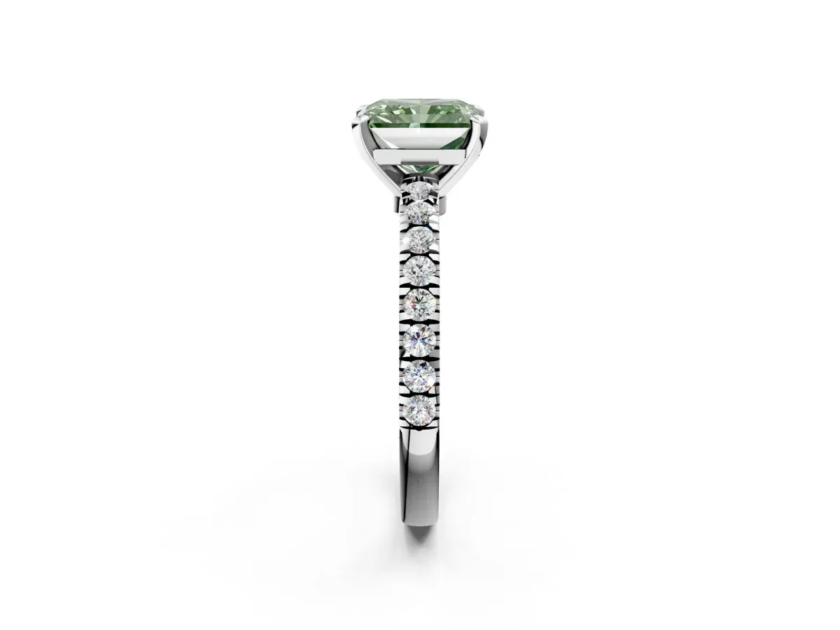 Fancy Green Radiant Cut Solitaire Diamond with Pavé Band and Four-Prong Setting Silver