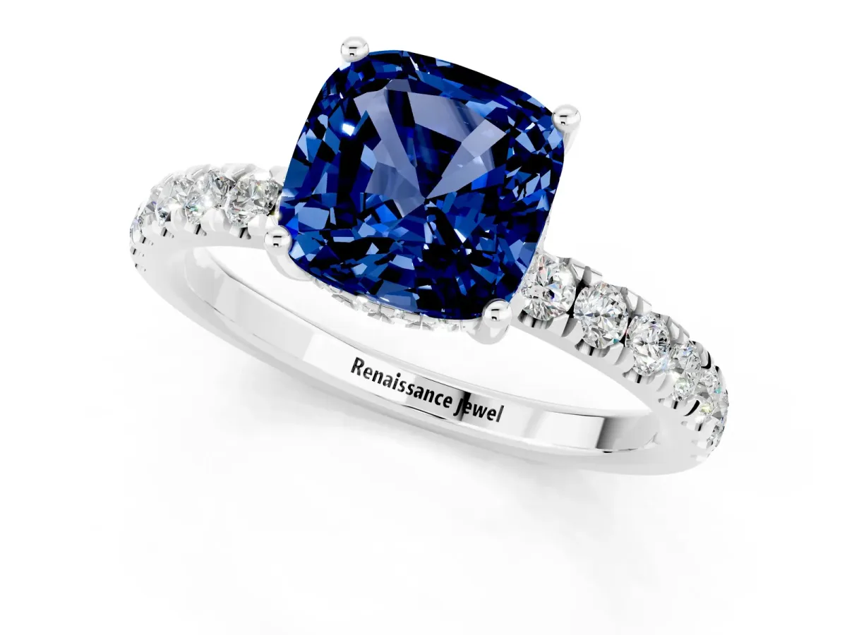 Cushion Cut Blue Sapphire Pave Band Solitaire Ring with Round and Prong Setting Platinum