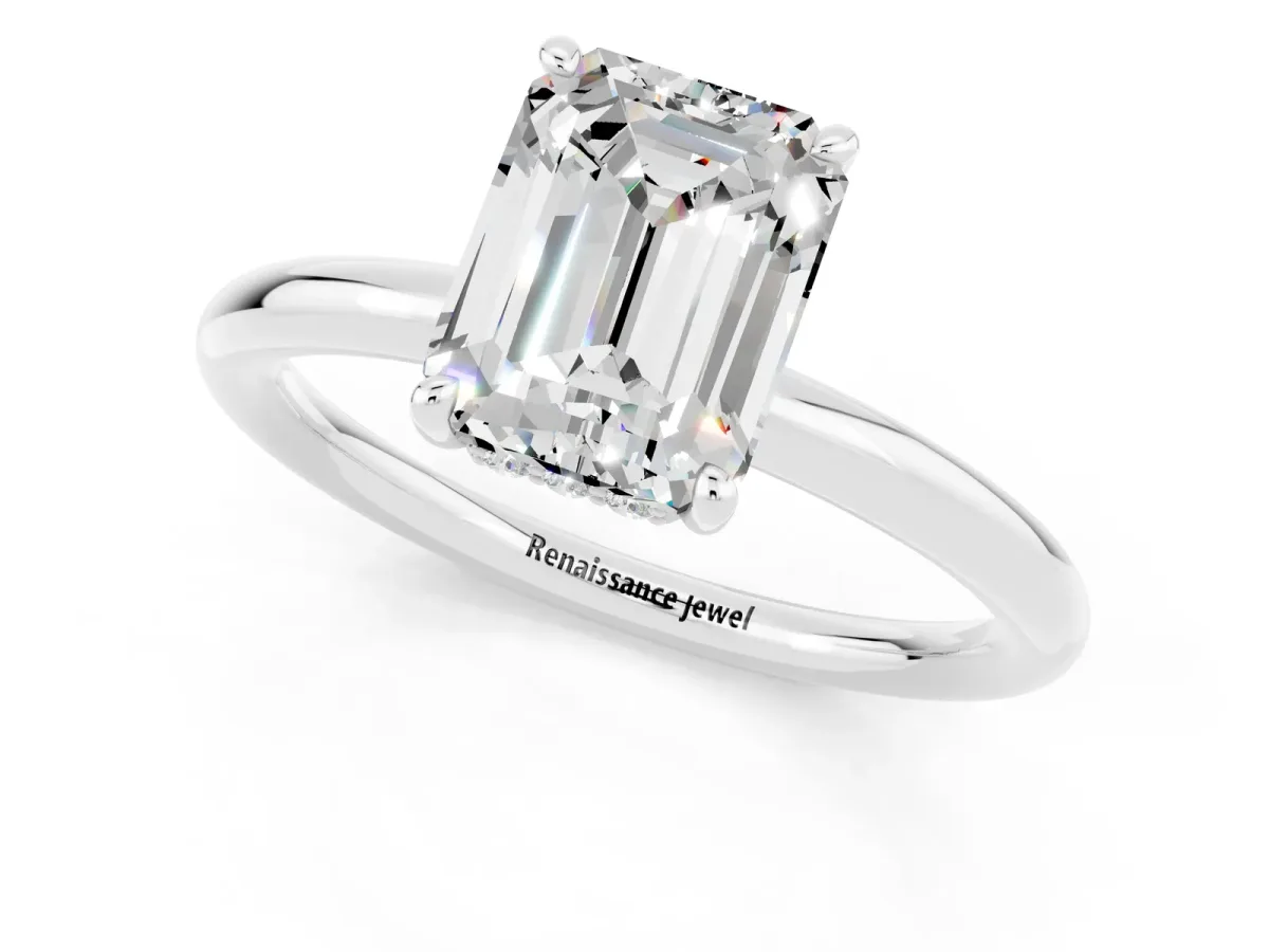 Emerald Cut Moissanite Solitaire Ring with Thin Band and Four-Prong Setting White gold