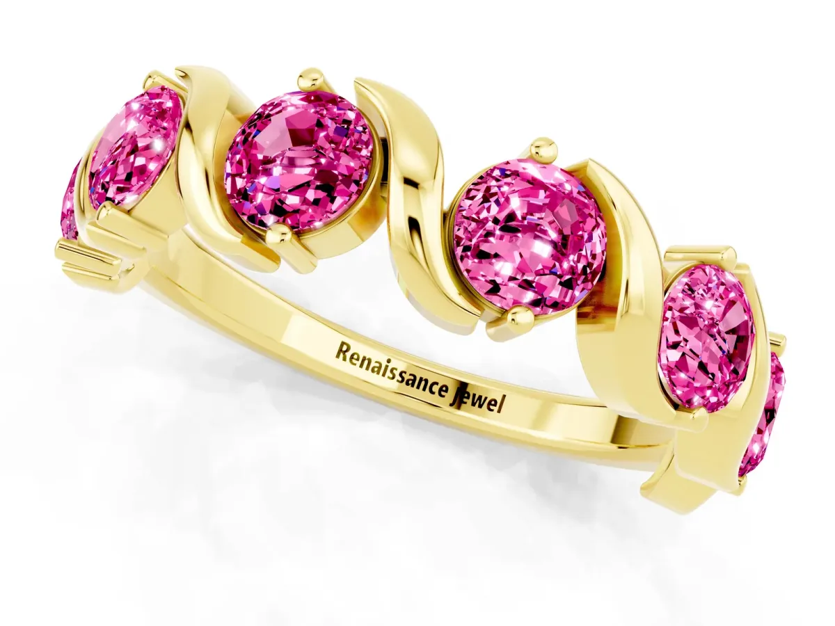 Round Pink Sapphire Half Eternity Band with Wave Prong Setting Yellow gold