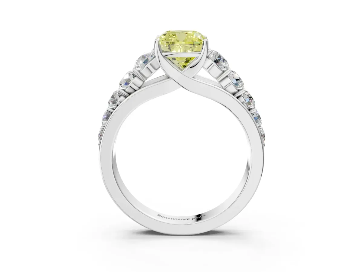 Fancy Yellow Cushion Cut Brilliant Diamond Pavé Band with Six-Prong Setting Silver